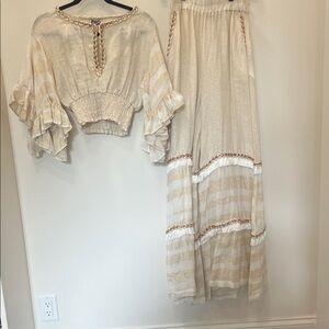 Chic Cream and Gold embroidered Crop Top and matching wide leg pants
